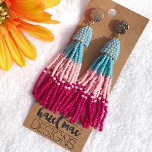 Boho Earrings Tassel Bead Drop Posts Pink & Blue